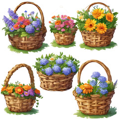Fototapeta na wymiar Cartoon Flowers in a Basket PNG Clipart Bundle