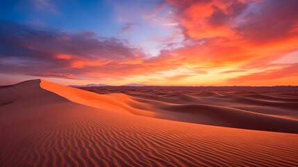 Panoramic view of sand dunes at sunset. Natural background