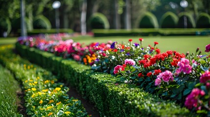 Floral landscaping design in city park. Blossoming colorful flowers, green hedge and lawn in...