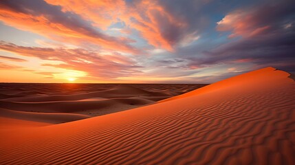 Fototapeta na wymiar Sunset over sand dunes. Panoramic view of the desert.