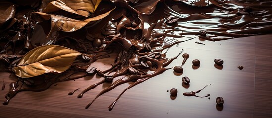A heap of chocolate chips is scattered on top of a wooden table, creating a decadent and tempting display.