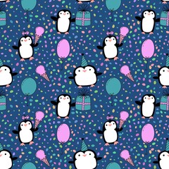 Birthday party animals seamless penguin pattern for wrapping paper and fabrics and kids print and summer print