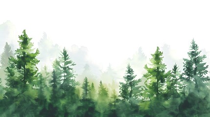 Watercolor stylized illustration of green forest and trees, white background, wallpaper style
 - obrazy, fototapety, plakaty