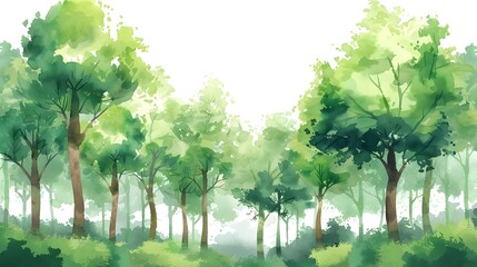 Watercolor stylized illustration of green forest and trees, white background, wallpaper style
