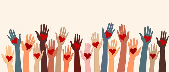 Raised hands of volunteer people holding a heart. People diversity. Charitable and donation. Support and assistance. Multicultural community. NGO. Aid. Help. Volunteerism.Teamwork. Banner