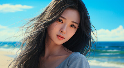 Fototapeta premium imagen de una vhica delgada asiática con cabello liso y negro bastante largo sonriendo a la cámara