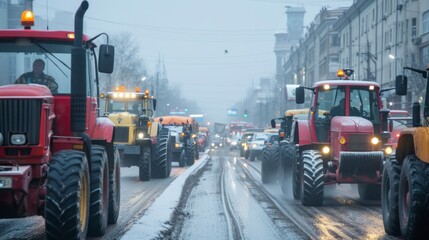 group of tractors running on public roads in the city with rain or snow on a cold day on a dull day