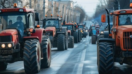 group of tractors running on public roads in the city with rain or snow