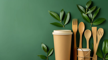 Paper utensils on green background. Paper cups and containers, wooden cutlery. Street food paper packaging, recyclable paperware concept. - obrazy, fototapety, plakaty