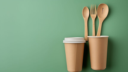 Paper utensils on green background. Paper cups and containers, wooden cutlery. Street food paper packaging, recyclable paperware concept.
