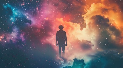 A silhouetted figure stands centered against a vibrant cosmic backdrop, featuring an array of colors resembling a nebula or a galactic cloud. The colors transition from blue to pink and orange hues, s - obrazy, fototapety, plakaty