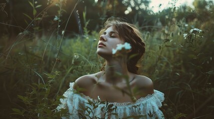 A person with feminine features is in a natural setting, surrounded by lush greenery and wildflowers. The individual is wearing an off-shoulder dress with lace detailing, and their eyes are closed, co - obrazy, fototapety, plakaty