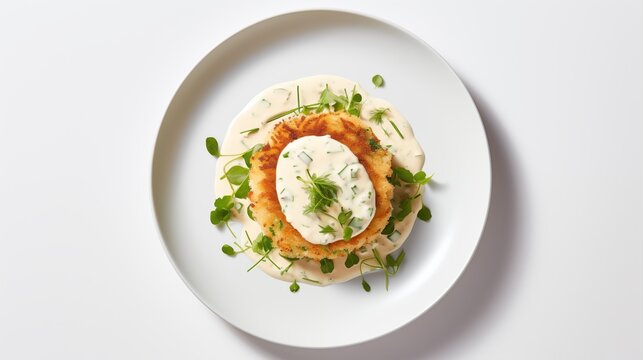 Crab cake served with remoulade sauce on a white round plate against a white background in a top-down view