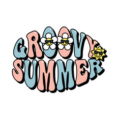 Fototapeta premium groovy summer text with daisy flower and sun sticker, groovy aesthetic poster design, hippie lettering, retro style vector illustration