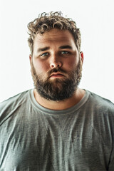 Fototapeta premium portrait front photo of 26 year old overweight man facing camera, studio photography, professional colour grading, soft shadows, no contrast, transparent white background