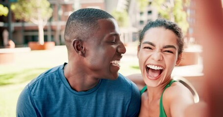 Fitness, selfie or couple in city with peace hands, love or energy, smile or emoji for photography. Profile picture, face and sports influencer people outdoor with content creation for health blog