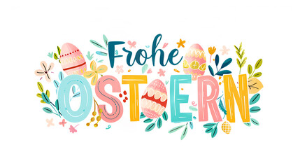 Happy Easter German text lettering for Easter greeting card with Easter eggs and flowers. Frohe Ostern calligraphic font on white background