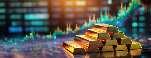 Stacked gold bars gleam against a digital financial chart. Wealth and the dynamic nature of markets. Investment and economic power concept.