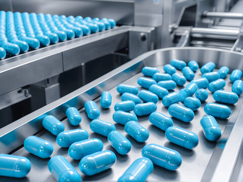 Precision Manufacturing: Blue Capsules on Conveyor in Pharmaceutical Plant. generative AI