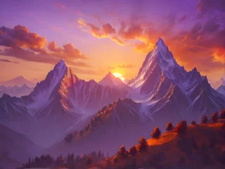 Foto op Canvas Serene Mountain Sunset: Majestic Peaks in Golden Glow. generative AI © EVISUAL