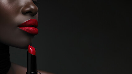 A black african woman is holding a red lipstick. A female model lips with vibrant red lipstick. Copy space for text - Powered by Adobe