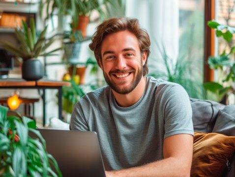 An adult man with a beard in a casual T-shirt works on a laptop while sitting at a table on a cafe terrace. Concept of remote work from a public place, digital freelancing