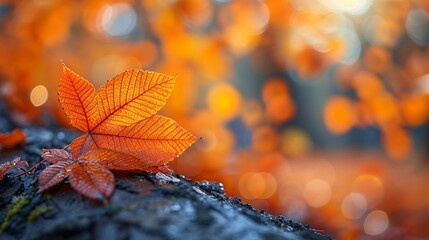 A vivid orange autumn leaf resting on a textured surface with a blurred orange foliage background