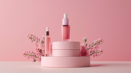 Cosmetics on podium with pink flowers. 3d render illustration.