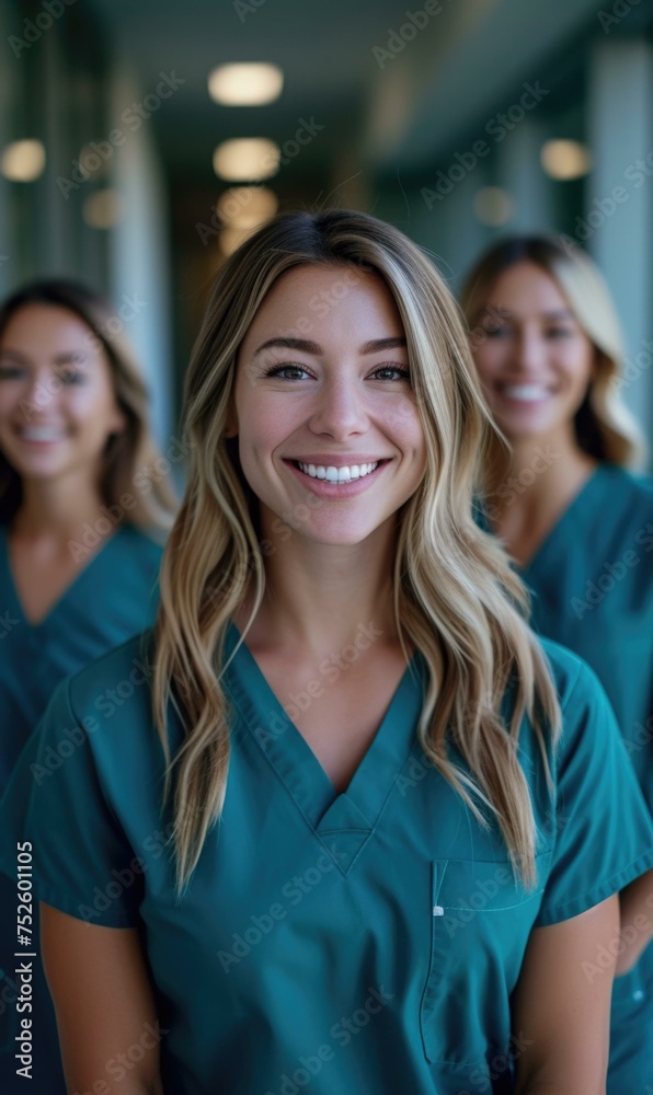 Wall mural A group of smiling nurses standing in a hallway. Generative AI.