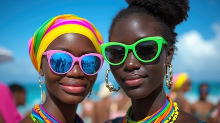 Two women wearing colorful sunglasses at the beach. Generative AI.