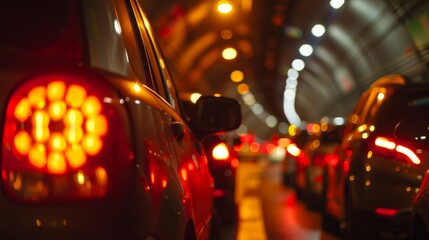 A captivating image capturing the frustration of a traffic jam in a tunnel, highlighted by the bright red brake lights of stationary vehicles.