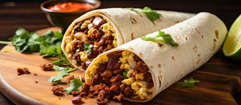 A spicy chorizo breakfast burrito halved on a wooden cutting board, revealing its layers of flavorful chorizo, scrambled egg, and spicy kick. The ingredients are neatly displayed, showcasing the