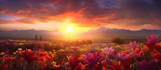 A colorful painting depicting a sunset casting a warm glow over a field filled with blooming flowers. The sky is painted in hues of orange, pink, and purple, creating a mesmerizing scene of natures