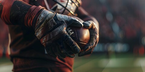 Close up of american football player holding ball on arena or stadium field background at rainy...