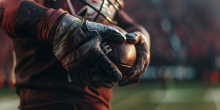 Close up of american football player holding ball on arena or stadium field background at rainy day. Sports safety equipment banner with copy space.