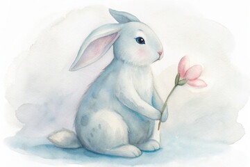 watercolor easter bunny holding a flower in light blue pastel colors - obrazy, fototapety, plakaty