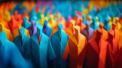 Grupo de personas  de origami en colores vivos - obrazy, fototapety, plakaty