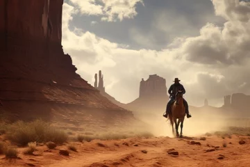 Gordijnen Cowboy on horseback with landscape of American’s Wild West with desert sandstones. © Joyce