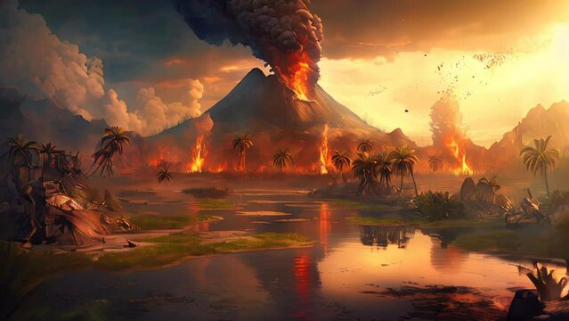 A game setting of landscape from 10,000 BC with volcanoes and lava. Risky dramatic land due to active or inactive volcanoes and lava flows. Features lavic stones spewing out of molten lava and ash.