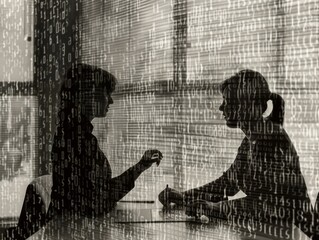 Two business partners' silhouettes engage in a discussion with a backdrop of digital data codes signifying technology and analysis.