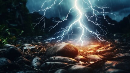 Extremely close-up view of a bright lightning strike in a thunderstorm onto ground at night.