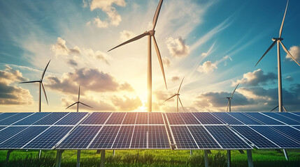 Solar panels and wind turbines renewable energy background