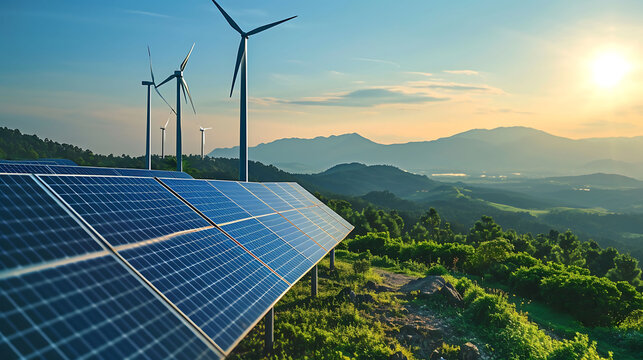 Solar panels and wind turbines renewable energy background