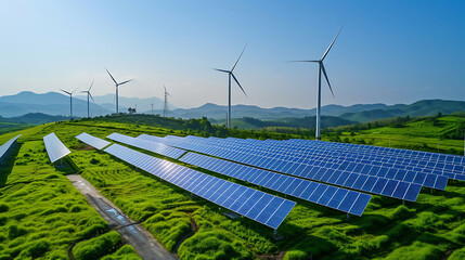 Solar panels and wind turbines renewable energy background