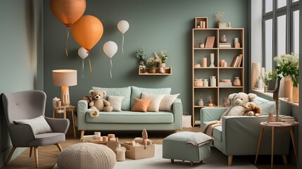 Kid's room design in the living room, showcasing a couch and balloons, infusing whimsical elements and joyful atmosphere into the children's haven