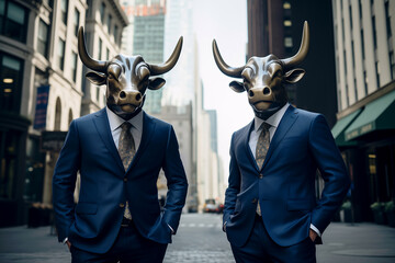 Two Wall Street Bulls in Suits, New York City - obrazy, fototapety, plakaty