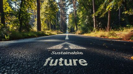 Sustainable future written on asphalt road surface