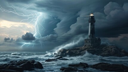 A lighthouse in thunder storm with lightning bolt strike and cloud.