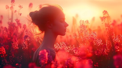A woman in a field of flowers during a red-tinted sunset