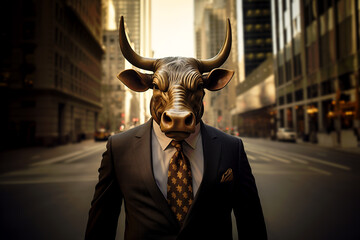 Golden Wall Street Bull Wearing Suit, New York City - obrazy, fototapety, plakaty